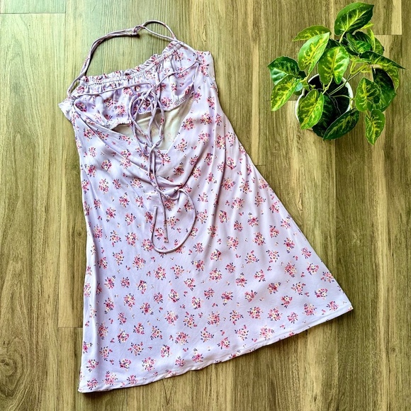 Zara Floral Print Satin Effect Slip Light Mauve Dress Backless Crisscross Size M - Picture 9 of 11